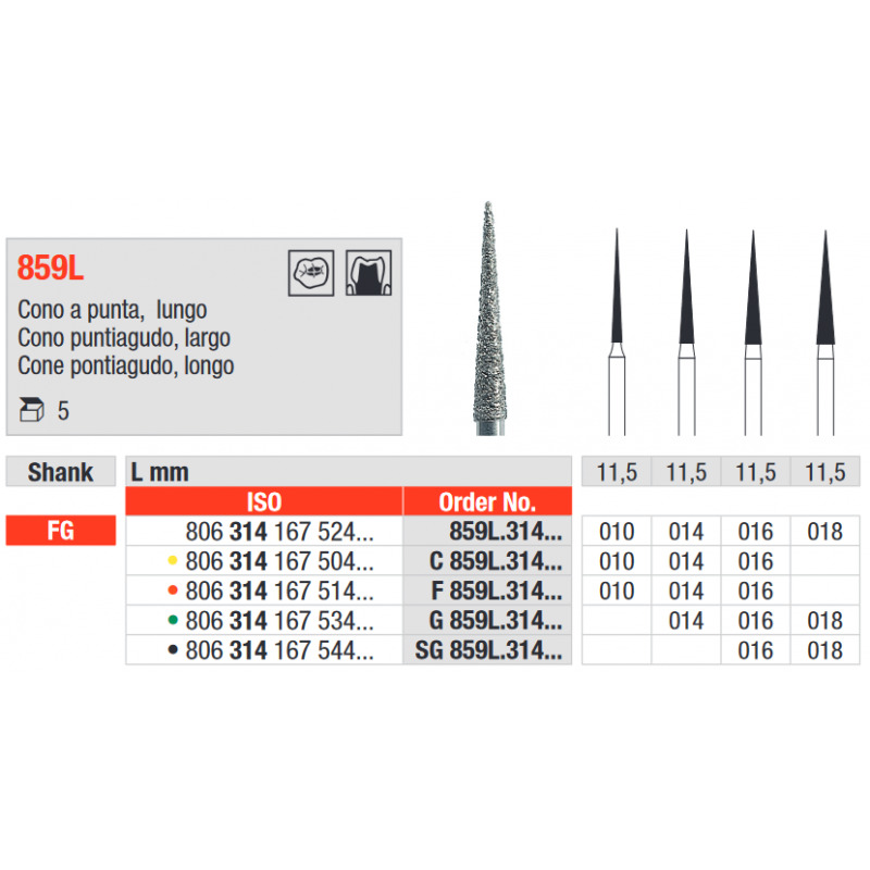 Fresa diamante fg f859l-314-010 5 uds fresas edenta