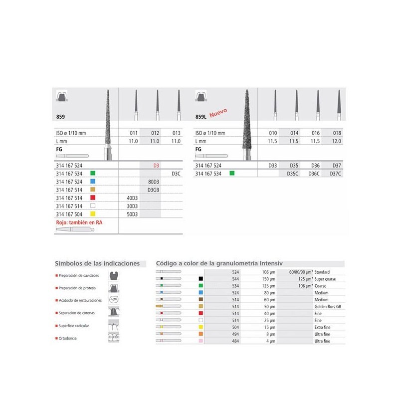 Fresas diamante 859 011 fg grano x fino 6 uds fresas intensiv