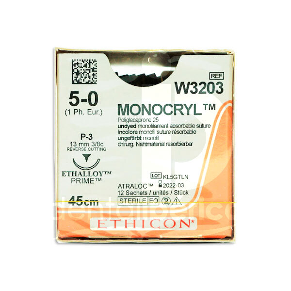 Sutures monocryl w3203 5/0 p-3 3/8c - 13mm, 45cm. biomatériaux et sutures ethicon
